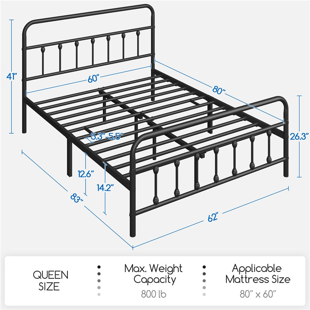 Farmhouse Iron Platform Bed Frame High Headboard Footboard Slatted Base 800 lb No Box Spring Underbed Storage - ALDEN DESIGN Classic Bed, Black White, Twin Full Queen, Canada