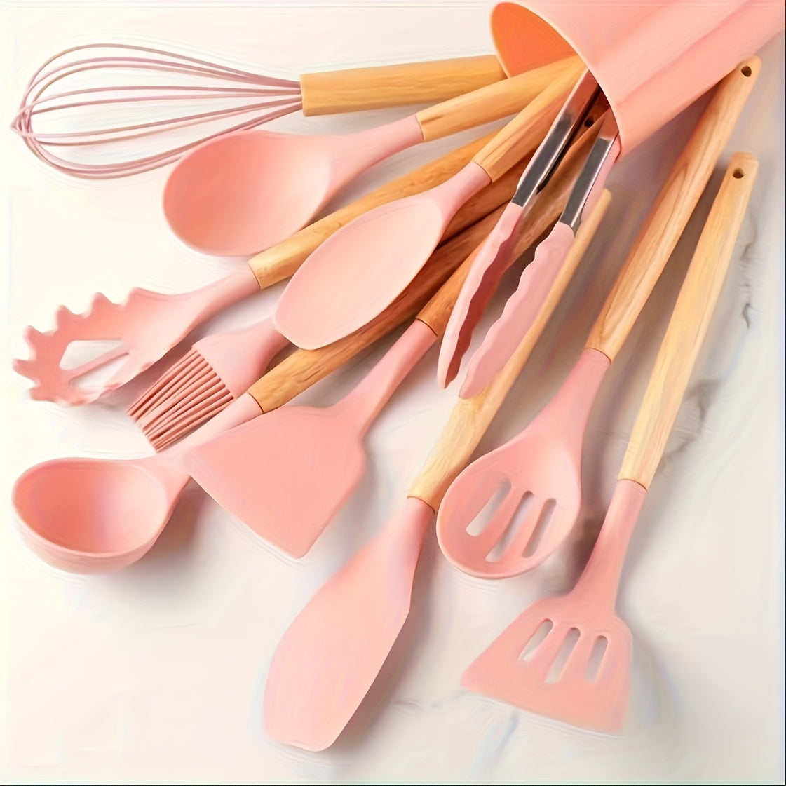 Silicone Kitchen Utensil Set 12-Piece with Wooden Handle, Non-Stick Safe Cooking Tools, Heat Resistant, Washable – Modern Kitchen Gadgets & Accessories for Home Cooking