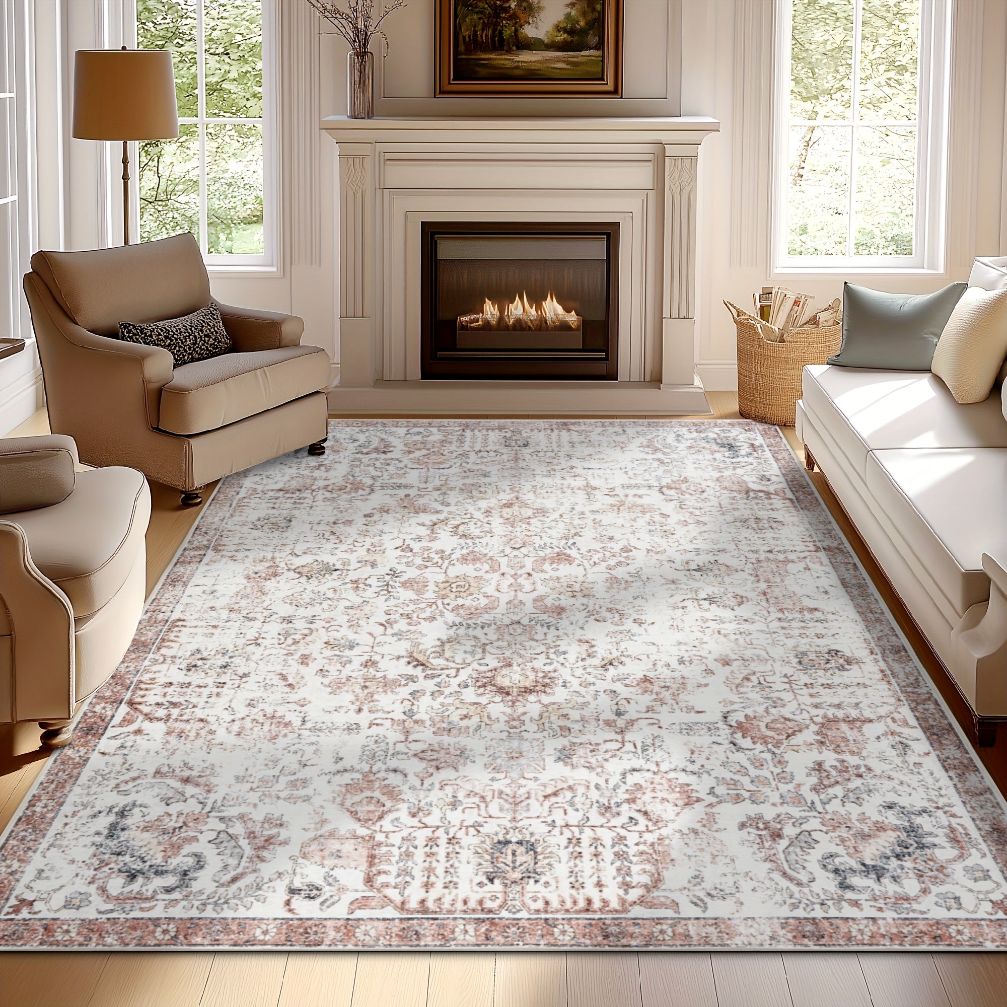 Vintage Boho Distressed Floral Area Rug – Machine Washable, Non-Slip Backing, Stain Resistant – Retro Oversized Accent Carpet for Living Room, Bedroom, Kitchen & Dining Room