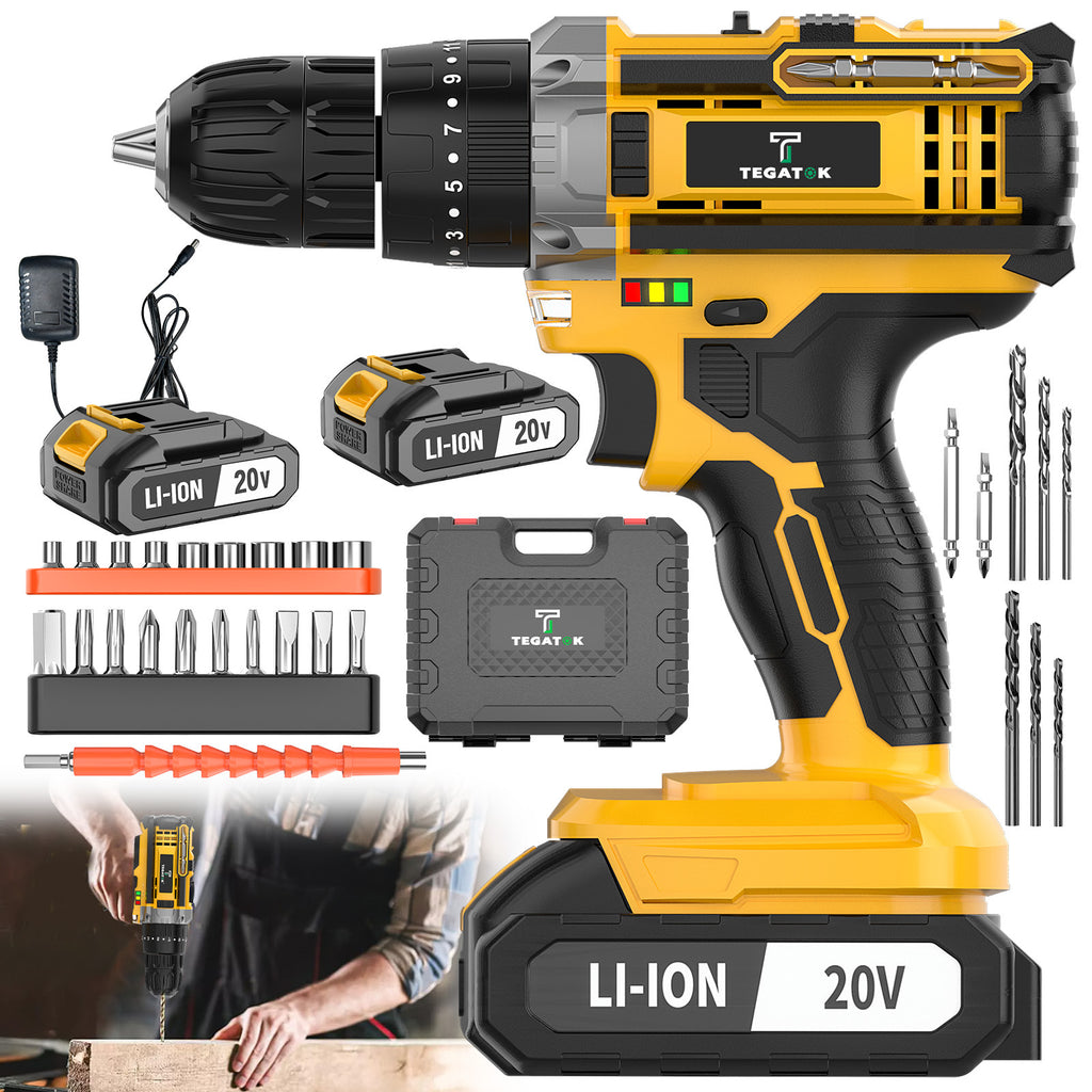 20V Cordless Drill Tool Set, Equipped with Drill and Electric Screwdriver, Speed and Torque Adjustment Function, Suitable for Home Improvement, Industrial Concrete Walls Wood and Metal, Effortless Hole Drilling and Screw Tightening