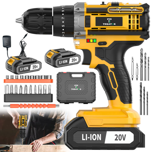 20V Cordless Drill Tool Set with Speed & Torque Adjustment – 2-in-1 Drill & Electric Screwdriver for Home Improvement, Industrial Use, Concrete Walls, Wood & Metal Drilling and Screw Tightening