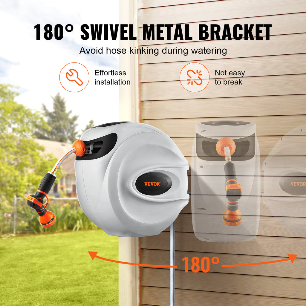 VEVOR Retractable Hose Reel Water Hose Reel 65'x5/8" / 84'x5/8" / 100'x1/2" / 115'x1/2" / 130'x1/2" 180° Swivel Wall-Mounted