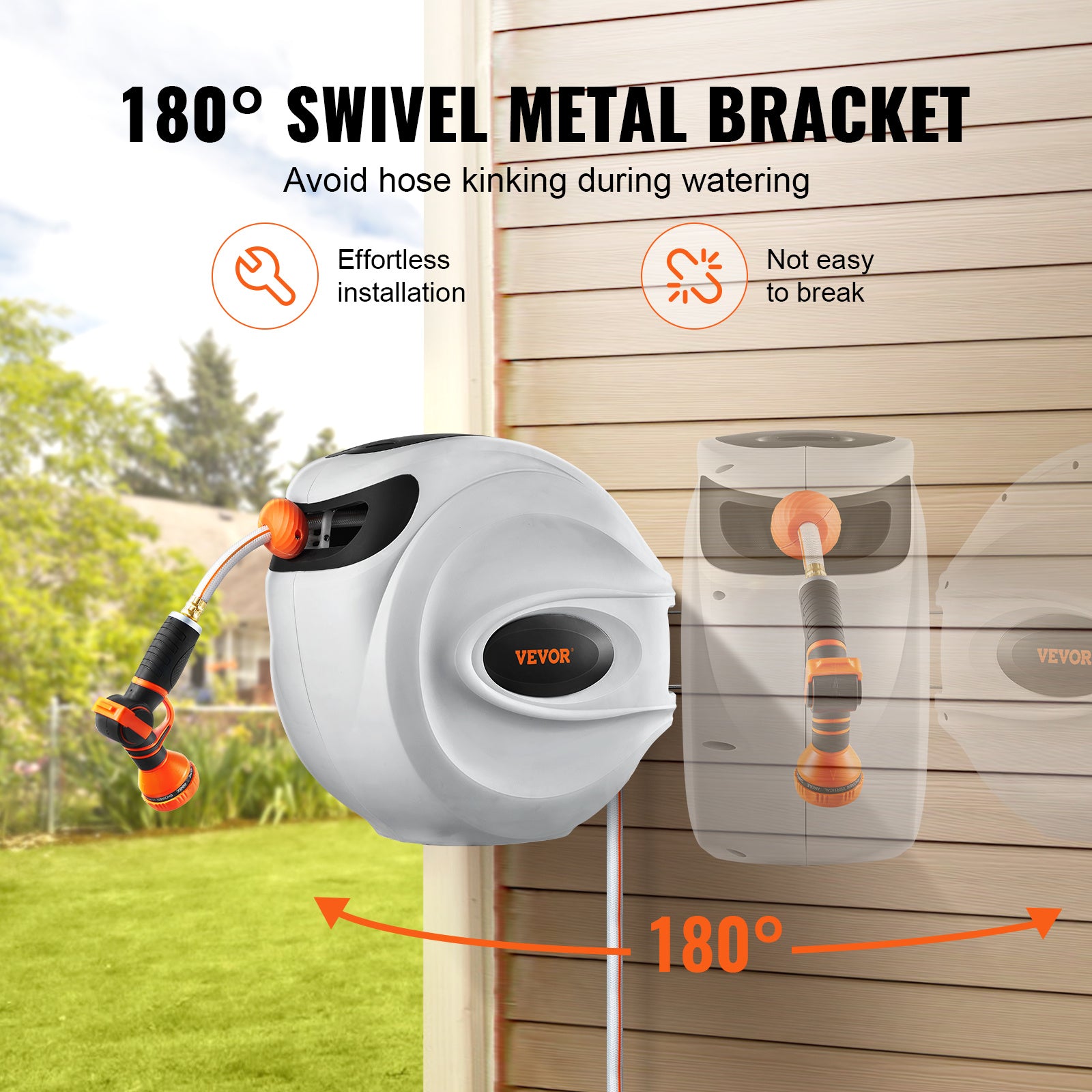 VEVOR Retractable Hose Reel Water Hose Reel 65'x5/8" / 84'x5/8" / 100'x1/2" / 115'x1/2" / 130'x1/2" 180° Swivel Wall-Mounted