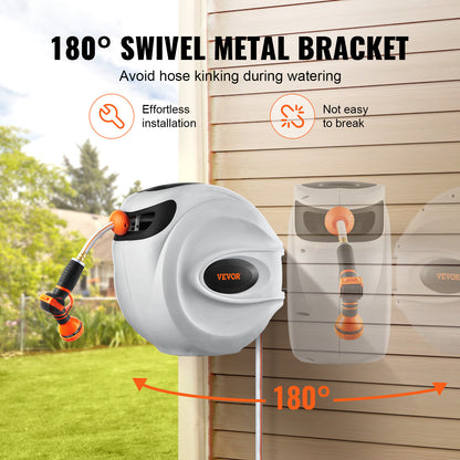 Retractable Hose Reel Wall Mounted 180° Swivel - Auto Rewind Garden Water Hose Reel 65 to 130 Ft with 9-Pattern Nozzle, Locking System & All-Weather Shell for Lawn, Car Wash & Pet Cleaning