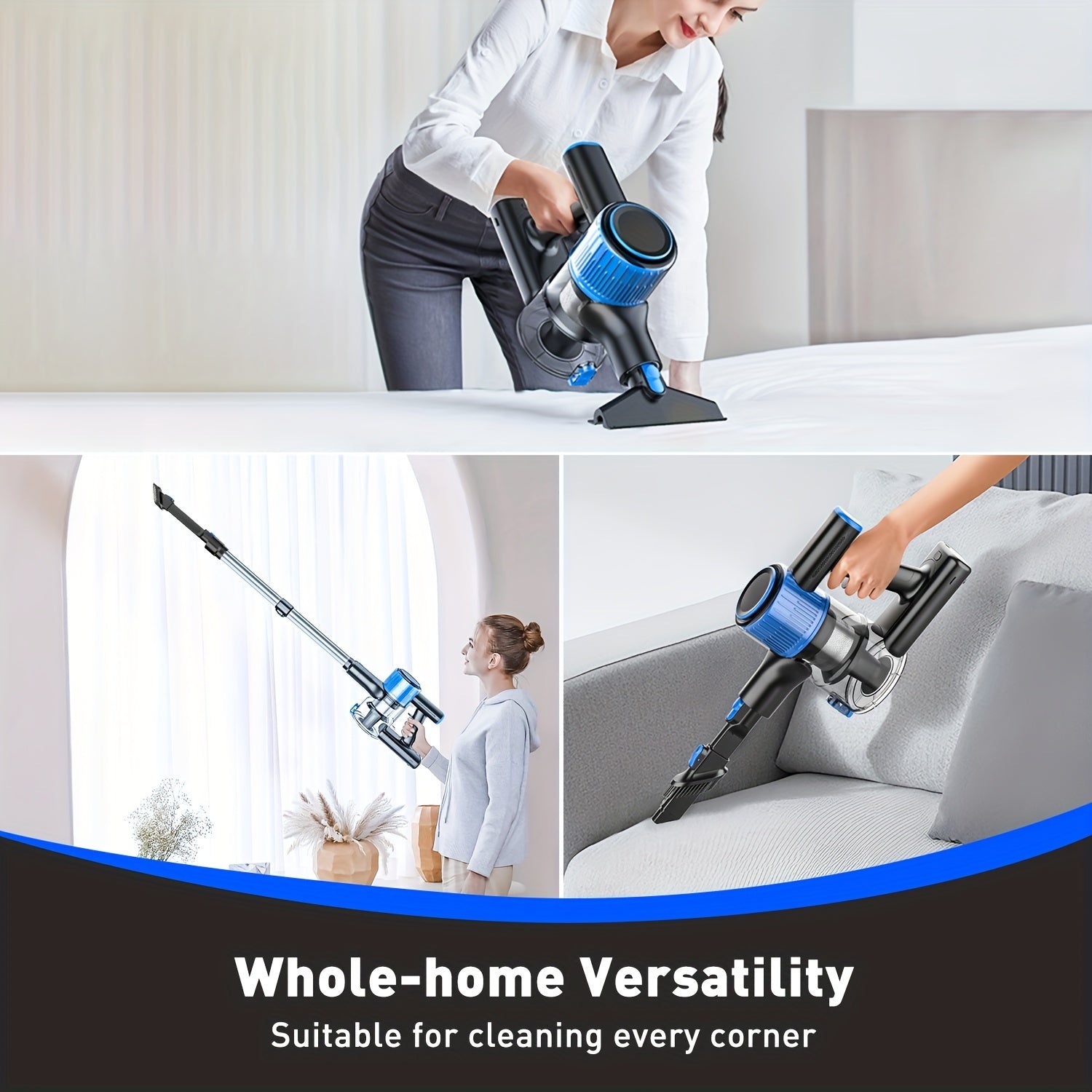 Cordless Vacuum Cleaner, 8-in-1 Lightweight Stick Vacuum with Powerful Suction, 3 Suction Modes, LED Display, Anti-Tangle Vacuum Cleaner for Home, Hard Floor, Carpet, Pet Hair, Blue