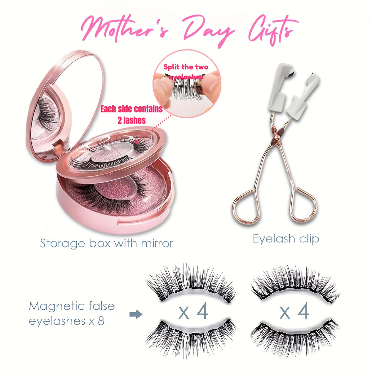 Magnetic Eyelashes Set Glue-Free – 4/8 Pairs Cat Eye False Lashes with Applicator, Reusable & Waterproof, Black & Pink | Daily Wear, Parties & Valentine's Day Gift