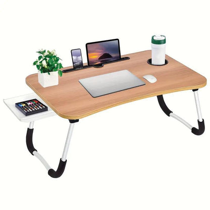 Laptop Bed Desk Set 2-Piece – Extra-Large Foldable Lap Tray Table with Cup Holder & Storage Drawer, Includes Cleaning Cloth, Adjustable Height, for Bed Sofa Floor – Walnut, Black, Pink & White