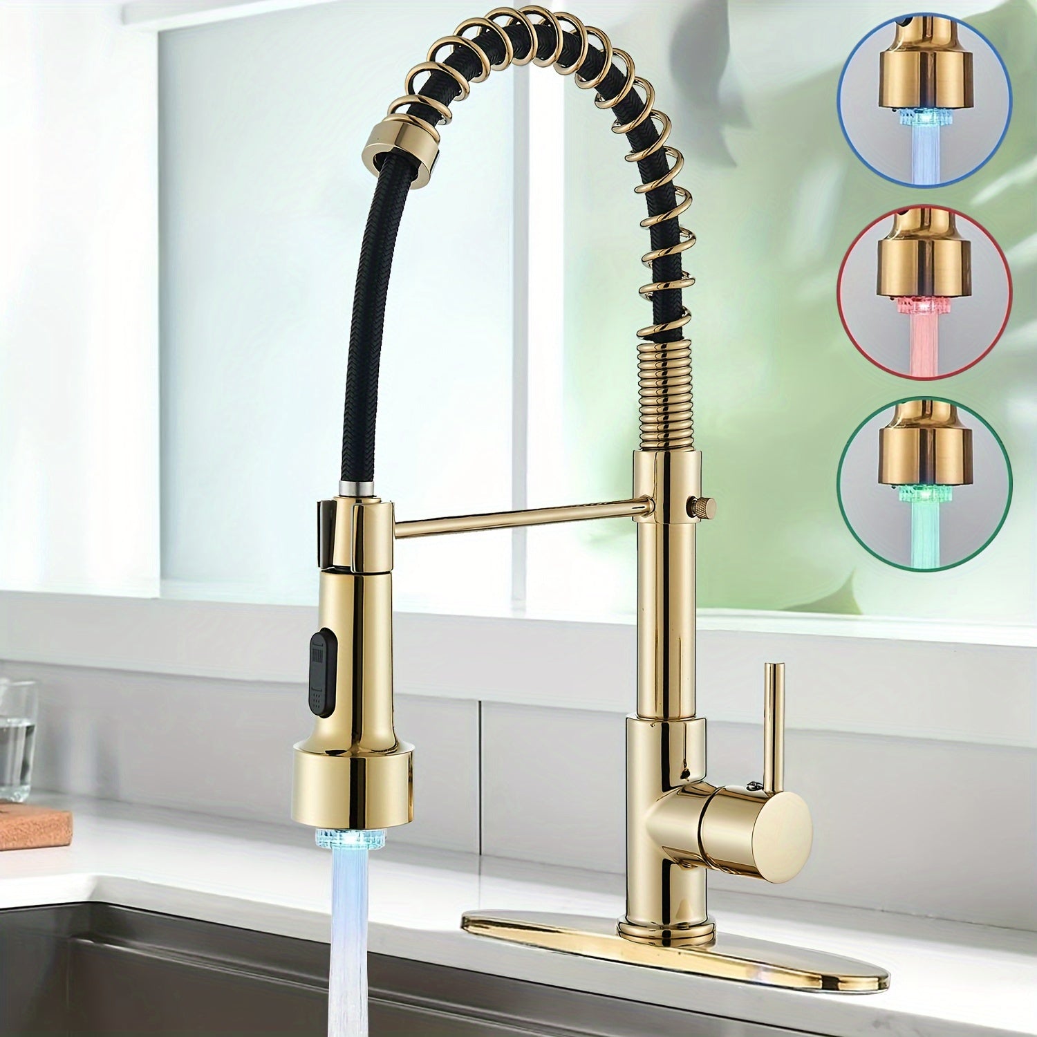 LED Spring Kitchen Faucet with Pull-Down Sprayer – 360° Rotation, Single Handle High Arc, Hot & Cold Mixer, Deck Plate Included, Brushed Nickel / Matte Black / Brushed Gold