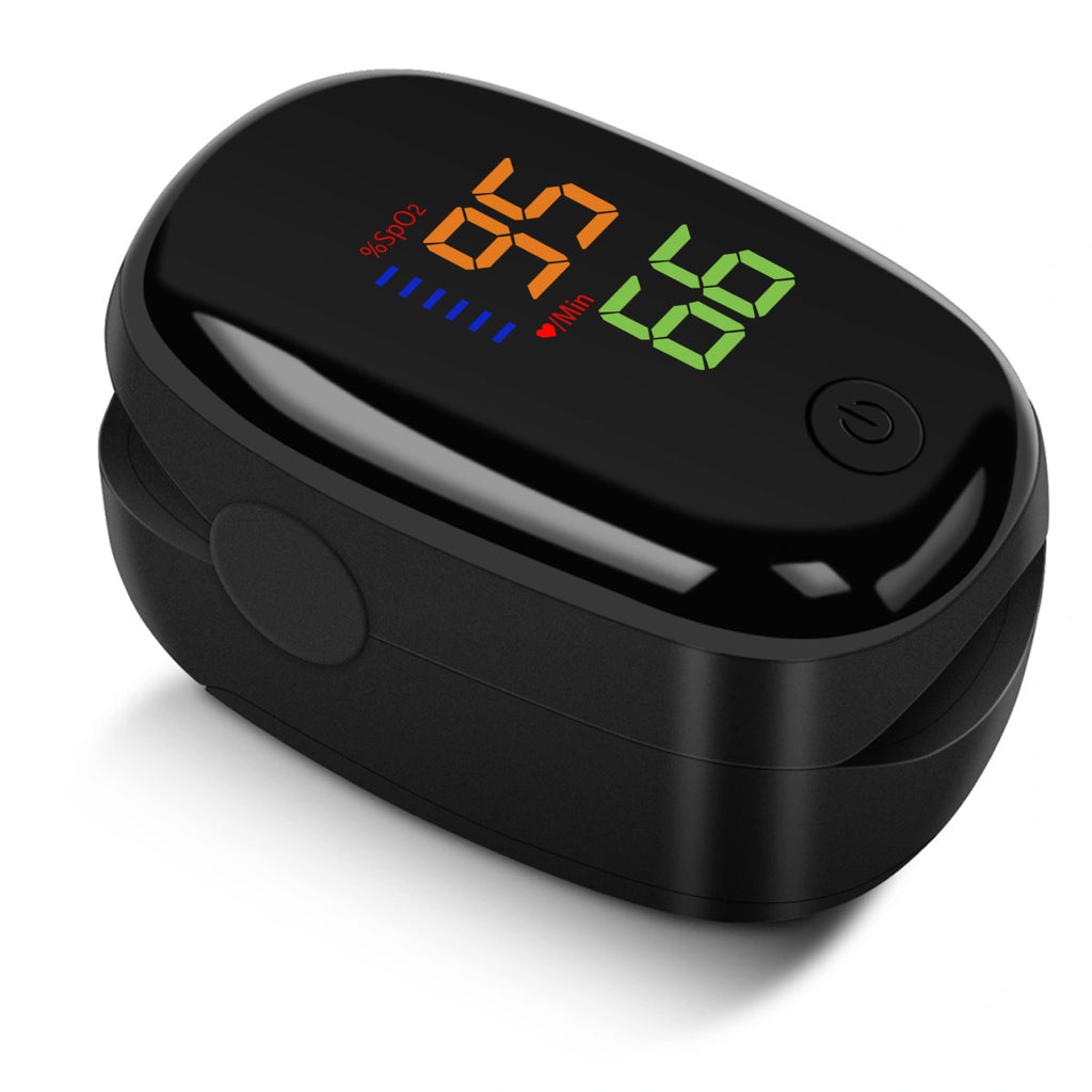 A Portable Fingertip Pulse Oximeter With A Black Design And OLED Display, Designed For Accurate And Rapid SpO2 Readings, Suitable For Heart Rate Monitoring At Home And Outdoors.