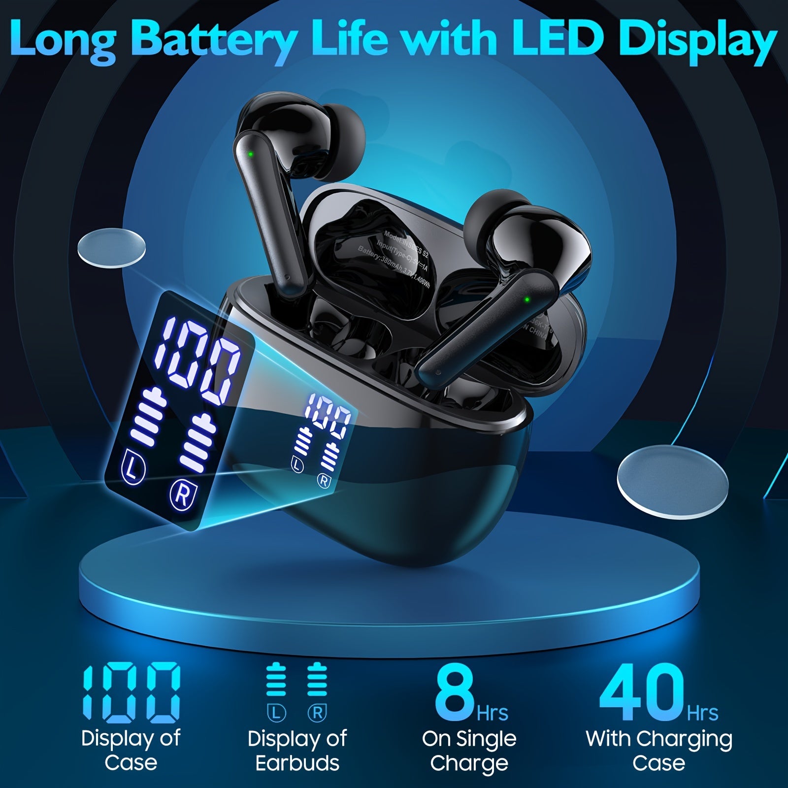 Bluetooth Earbuds, 40Hrs with Charging Case V5.3 Touch Control Ear Buds Hi-Fi Stereo with ENC Noise Cancelling Mic, LED Power Display Charging Case Stereo Bass Earphones Clear Call Earphones for Sports Workout