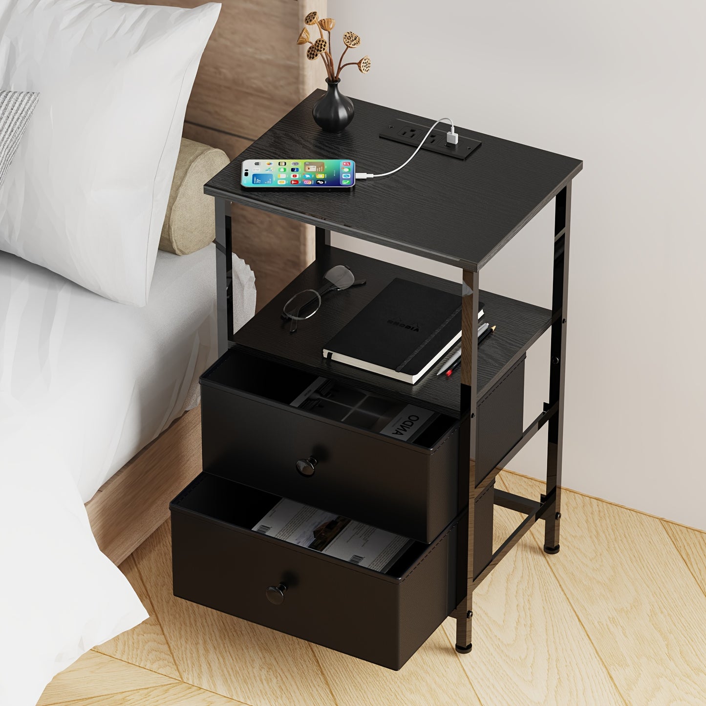 Bedside Table with Charging Station & 2 Fabric Drawers – 4-Layer Storage Nightstand End Table for Bedroom Living Room, Black or Brown (Set of 1 or 2)