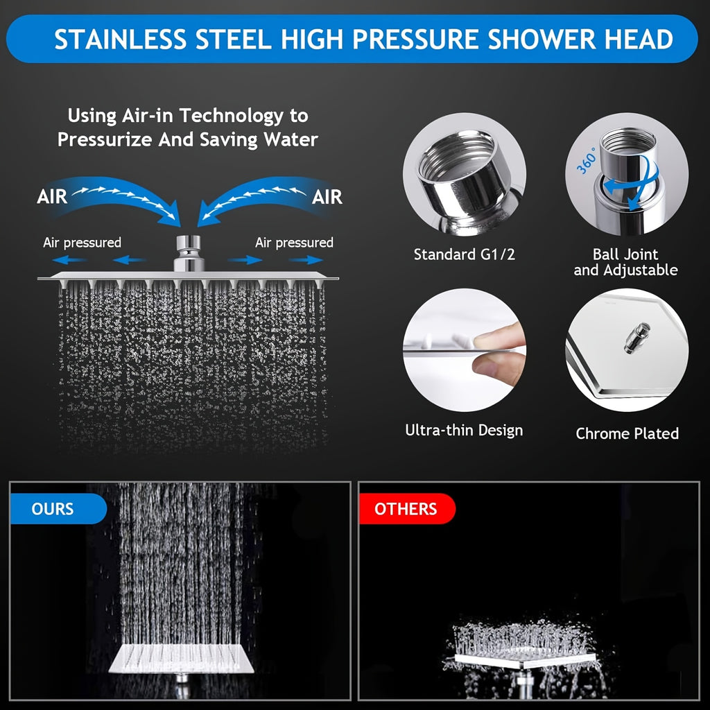 Shower Head, 8 Inch High Pressure Rainfall Shower Head/Handheld Shower Combo with 11 Inch Extension Arm, 5 Settings Adjustable Anti-leak Shower Head with Holder/Hose, Height/Angle Adjustable