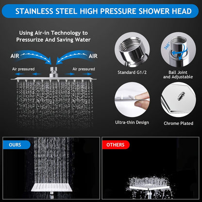 Rainfall Shower Head & Handheld Combo with Extension Arm – High Pressure 5-Setting Anti-Leak Shower System, Height & Angle Adjustable, Chrome 10-Inch & Matte Black 12-Inch Options