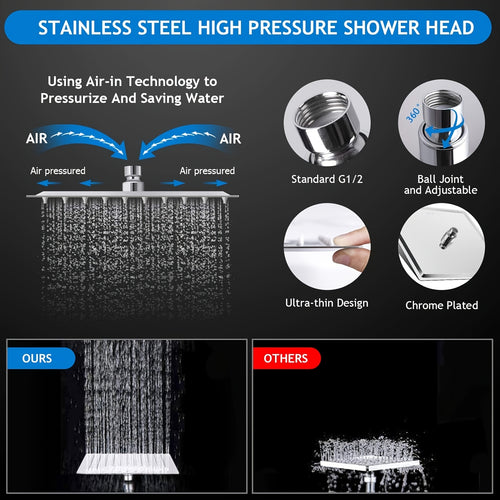 Rainfall Shower Head & Handheld Combo with Extension Arm – High Pressure 5-Setting Anti-Leak Shower System, Height & Angle Adjustable, Chrome 10-Inch & Matte Black 12-Inch Options