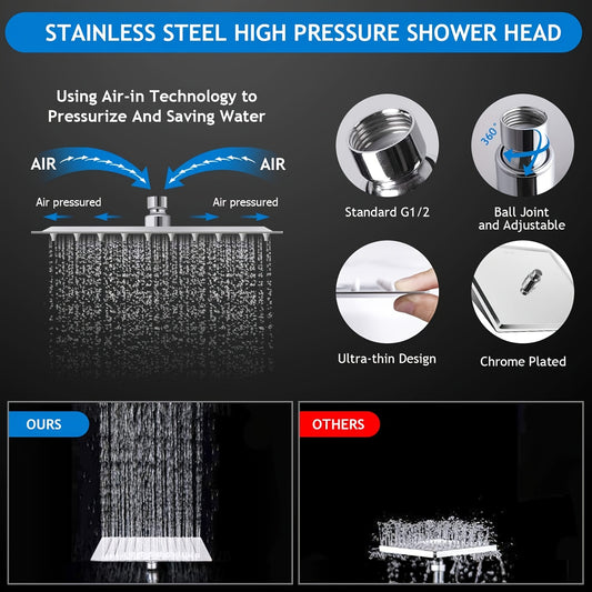 Shower Head, 8 Inch High Pressure Rainfall Shower Head/Handheld Shower Combo with 11 Inch Extension Arm, 5 Settings Adjustable Anti-leak Shower Head with Holder/Hose, Height/Angle Adjustable