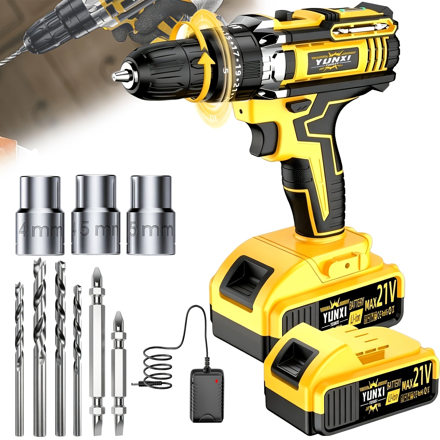 Cordless Impact Drill 21V Combo Kit with Battery & Fast Charger – Multifunctional Power Tool Set with Drill Bits & Toolbox for Home Renovation, Gardening & Outdoor Maintenance