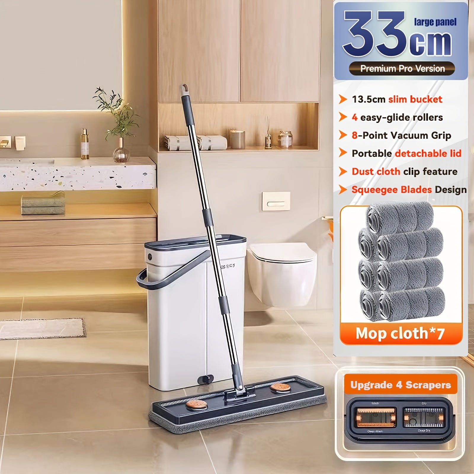 Flat Mop and Bucket with Wringer Set Hands-Free, Dual Compartment Wet Dry Separation Floor Cleaning System, 360° Rotating Head, 2 Reusable Microfiber Pads for All Floor Types Windows Walls