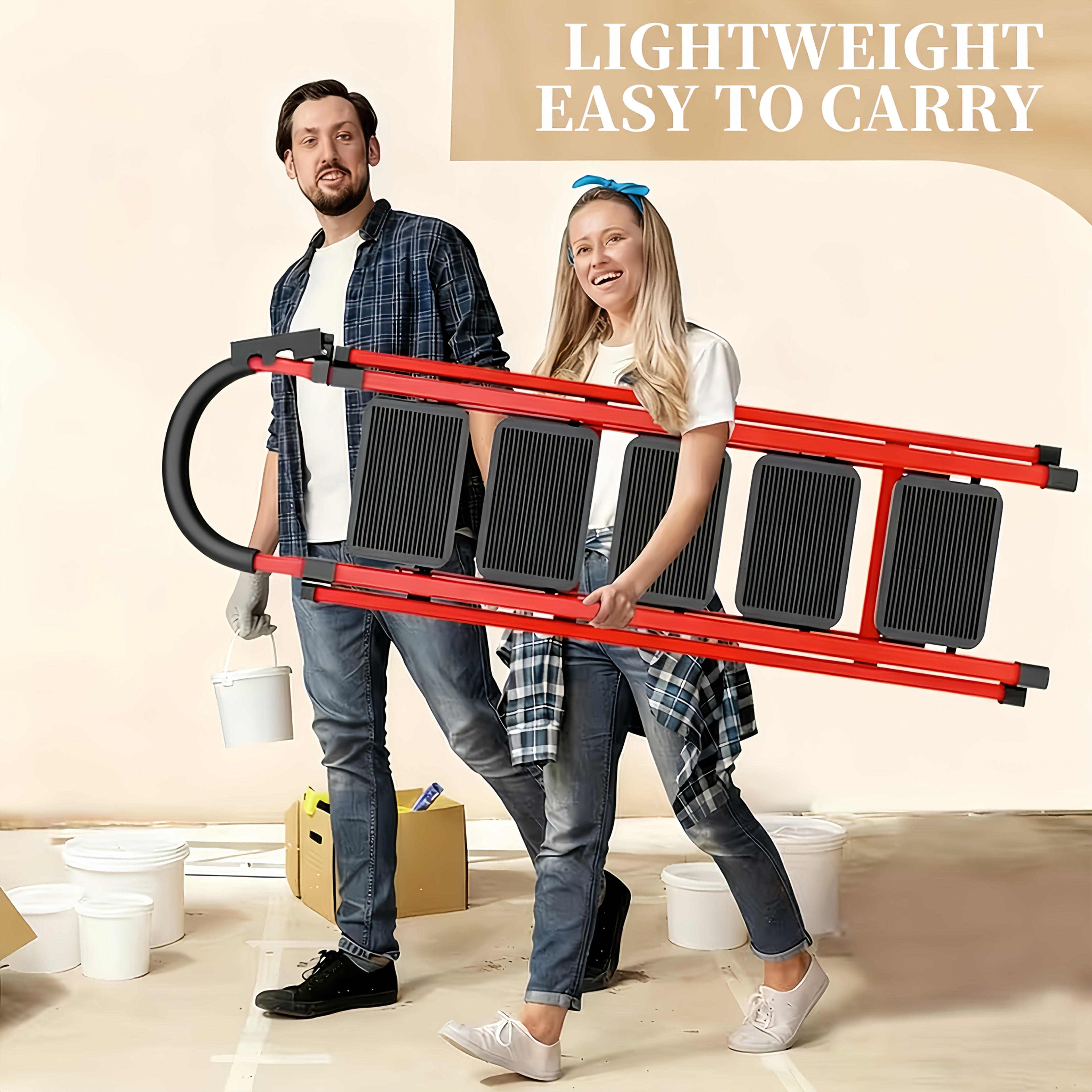 500Lbs Load-Bearing Folding 5/4/3 Step Ladder | Heavy-Duty Steel Step Stool with Anti-Slip Wide Treads, Handrails, Safety Lock Design, Black And Red Color Scheme, Portable Multi-Functional Ladder for Home And Kitchen Use-Xphyn