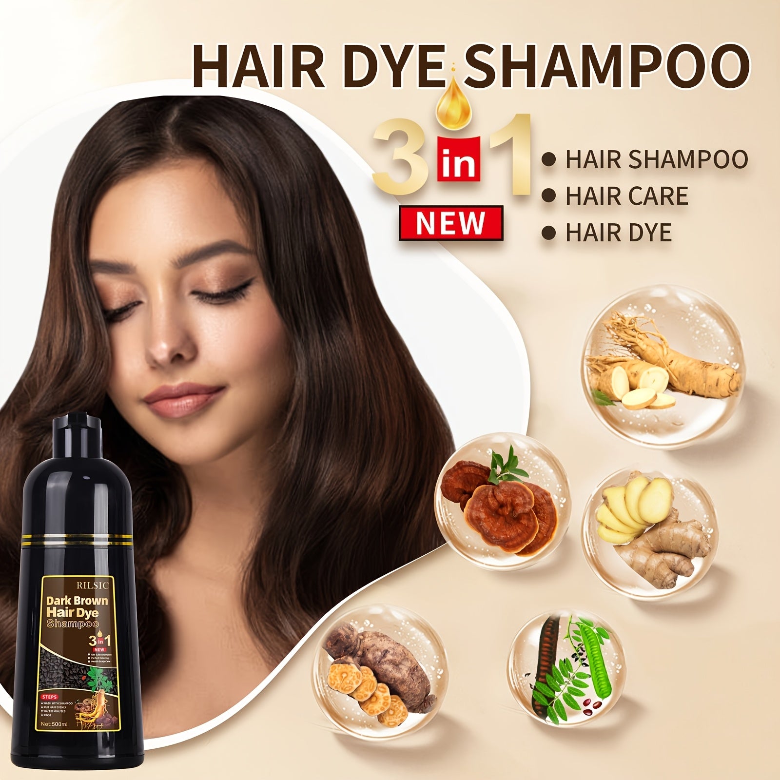 RILSIC 3-in-1 Herbal Hair Dye Colour Shampoo – Instant Natural Hair Colouring in Minutes for Women & Men | 16.91oz Halloween & Everyday Gift