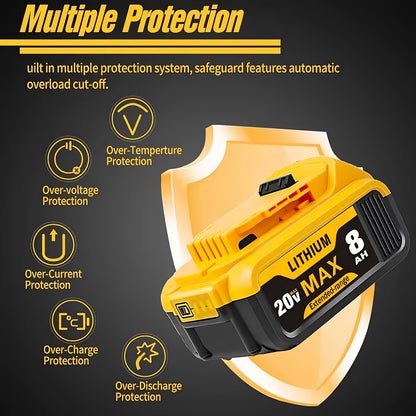 8.0Ah 20V Lithium-Ion Replacement Battery Compatible with DeWalt DCB200 DCB205 DCB206 – High Capacity 20V MAX Battery for DCD DCF DCG DCS Drills Saws Grinders, 1-Pack 2-Pack 4-Pack 6-Pack