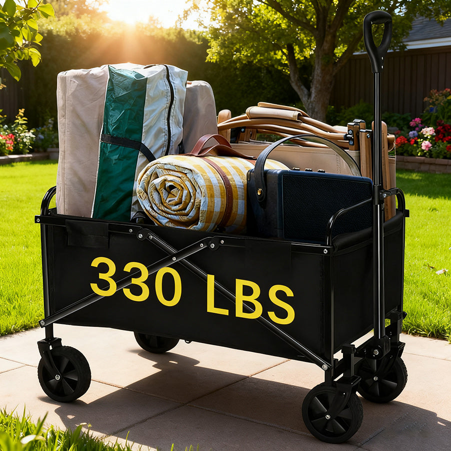 680LBS Heavy Duty All-Terrain Folding Utility Cart – 155L Large Capacity Collapsible Wagon with 360° Swivel Wheels & Adjustable Handle for Camping, Yard, Gardening, Sports & Shopping – Black