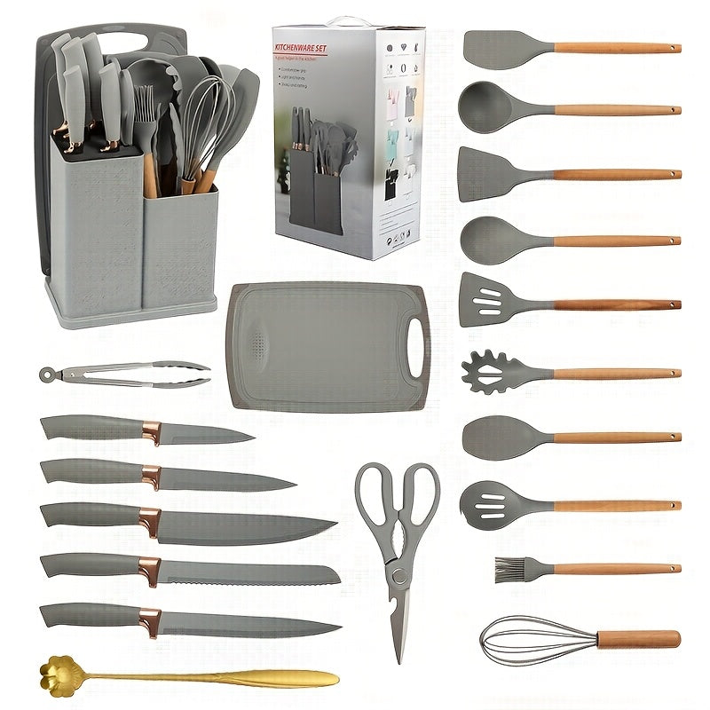 20-Piece Kitchen Cooking Utensils & Knife Set with Block – 11pc Silicone Utensil Set, 5 Stainless Steel Chef Knives, Scissors, Whisk, Spoon & Cutting Board | 5 Colours | ShopVora CA