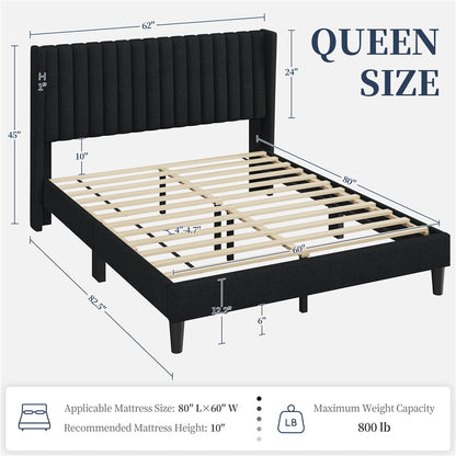 Upholstered Platform Bed Frame with Channel Tufted Headboard and Wing Side - Fabric Bed No Box Spring Needed, Wood Slat Support, 800 lb Capacity, King Queen Full, Ivory Dark Gray Black Canada