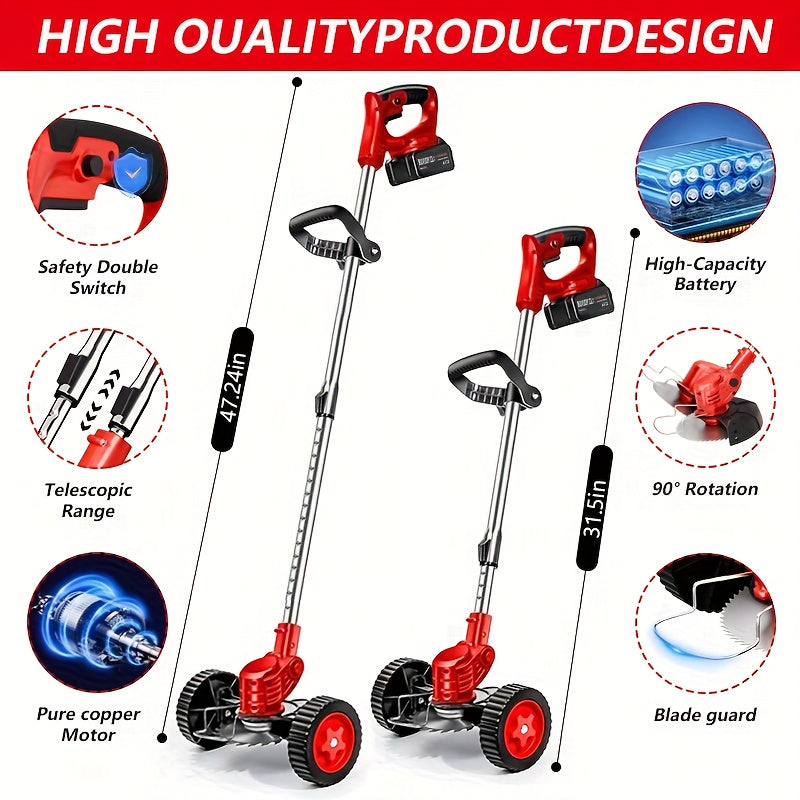 3-in-1 Cordless String Trimmer Lawn Mower & Brush Cutter with Dual Battery, Multiple Blade Types & Wheeled Design – Lightweight Electric Weed Eater for Lawn, Garden & Yard Trimming, Great Father's Day Gift