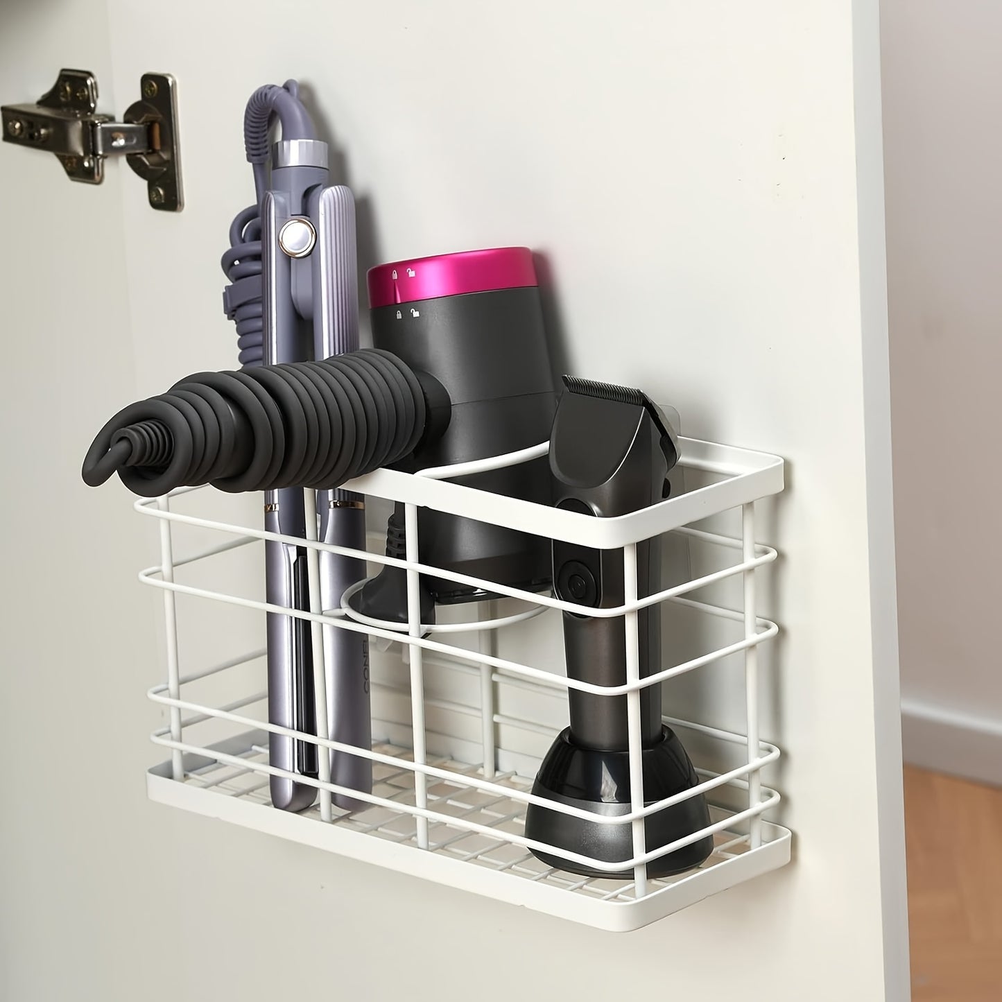 Wall-Mounted Hair Dryer Holder 3-in-1 Bathroom Organizer – Over Door & Wall Mount, Adjustable Height, Holds Dryer Curling Iron Straightener, Black