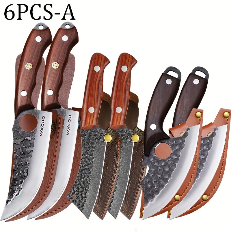 Professional Kitchen Knife Set 3/6pcs – 5CR15MoV Stainless Steel Chef, Boning & Utility Knives with Hammered Blade & Wood Handle, Multi-Function Knives for Home Cooking, BBQ, Camping & Meat Prep