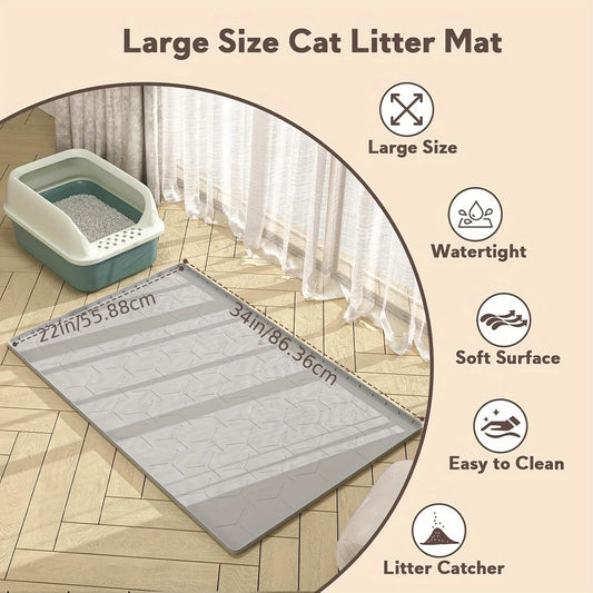 Large Mat for Cat Litter, Measuring 34" X 22", Made of Silicone And Easy to Clean, in Gray Color