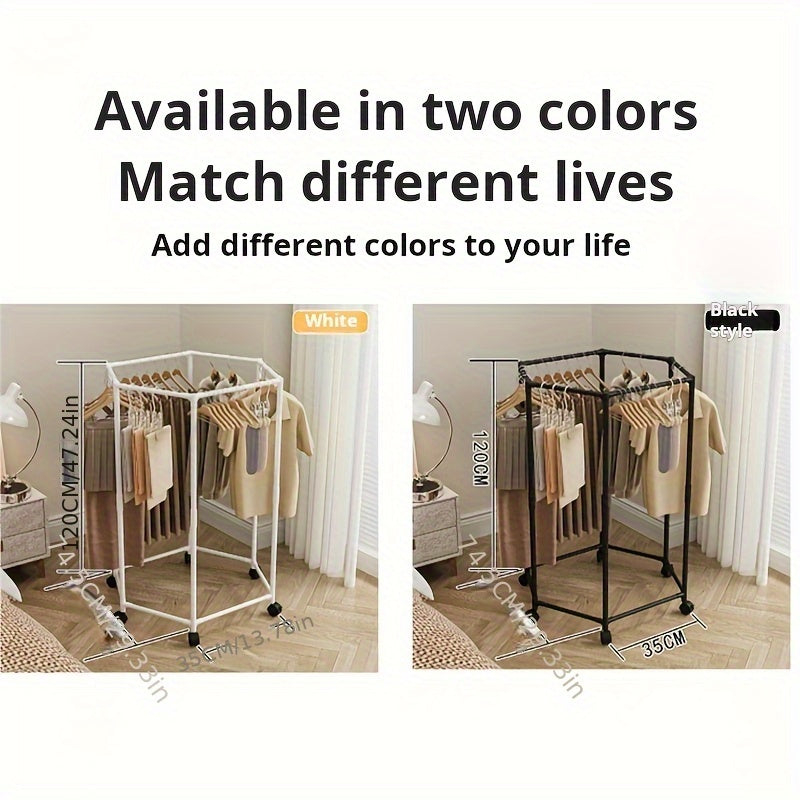 [Rotatable Clothing Rack] Sturdy 16mm Metal Tube Hexagonal Rotatable Clothing Rack with Wheels | Freestanding Vertical Garment Hanger, Portable Design for Efficient Clothes Storage and Display, Black/ White, Laundry Room Organizer