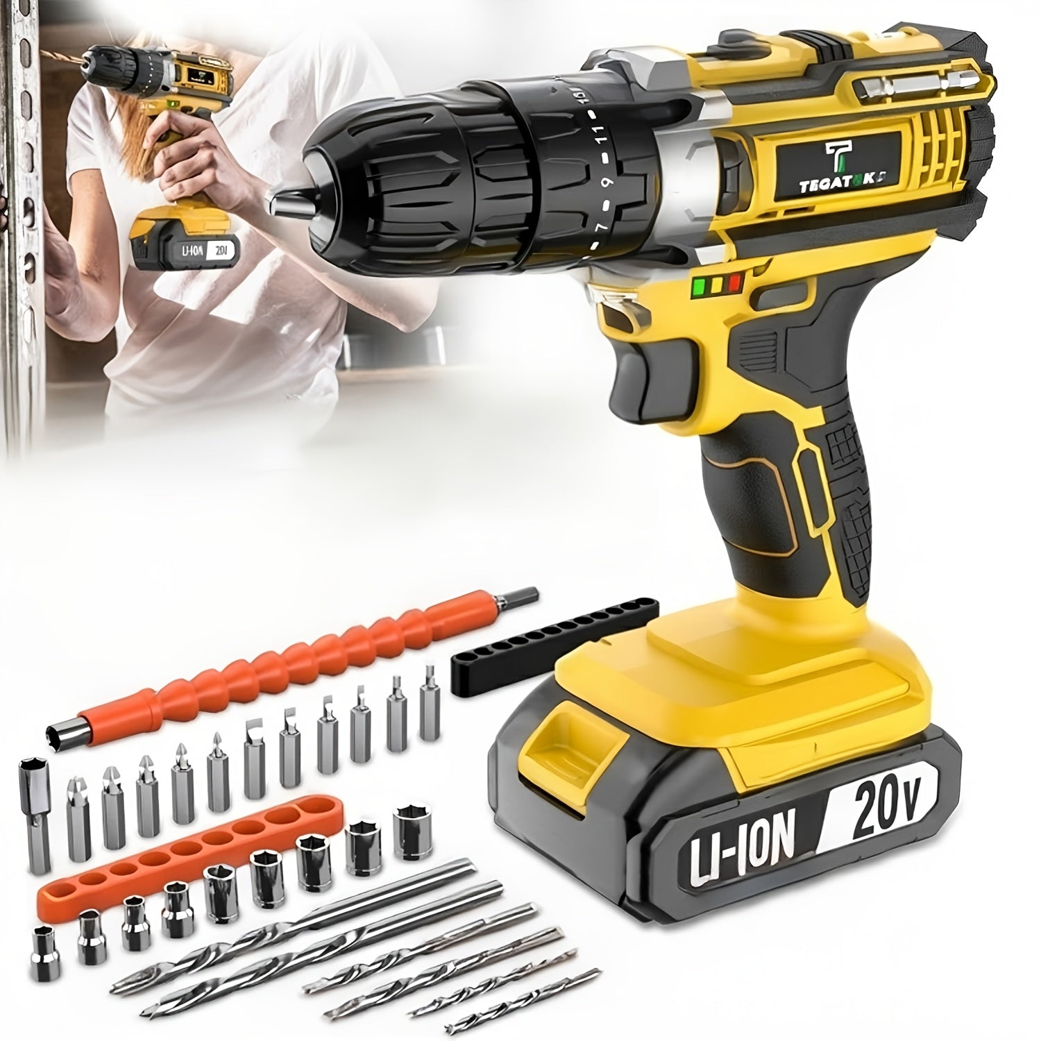 20V Cordless Impact Drill 35Nm Max Torque, 18+3 Torque Settings, 3/8" Keyless Chuck, Built-in LED Light, 2.0Ah Battery, Drills Concrete Walls Tightens Screws, Perfect Gift for DIY & Professionals