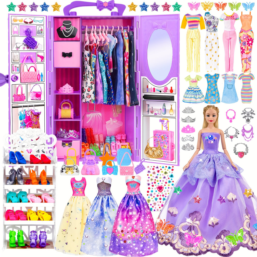 Fashion 91pcs 11.5-Inch Girl Doll with Clothes Additions And Closet, Princess Gowns, Fashion Dresses, Outfits, Swimsuits, Shoes, Hangers, Doll Dress-Up Toys for Girls Kids Toddlers Toy Gifts