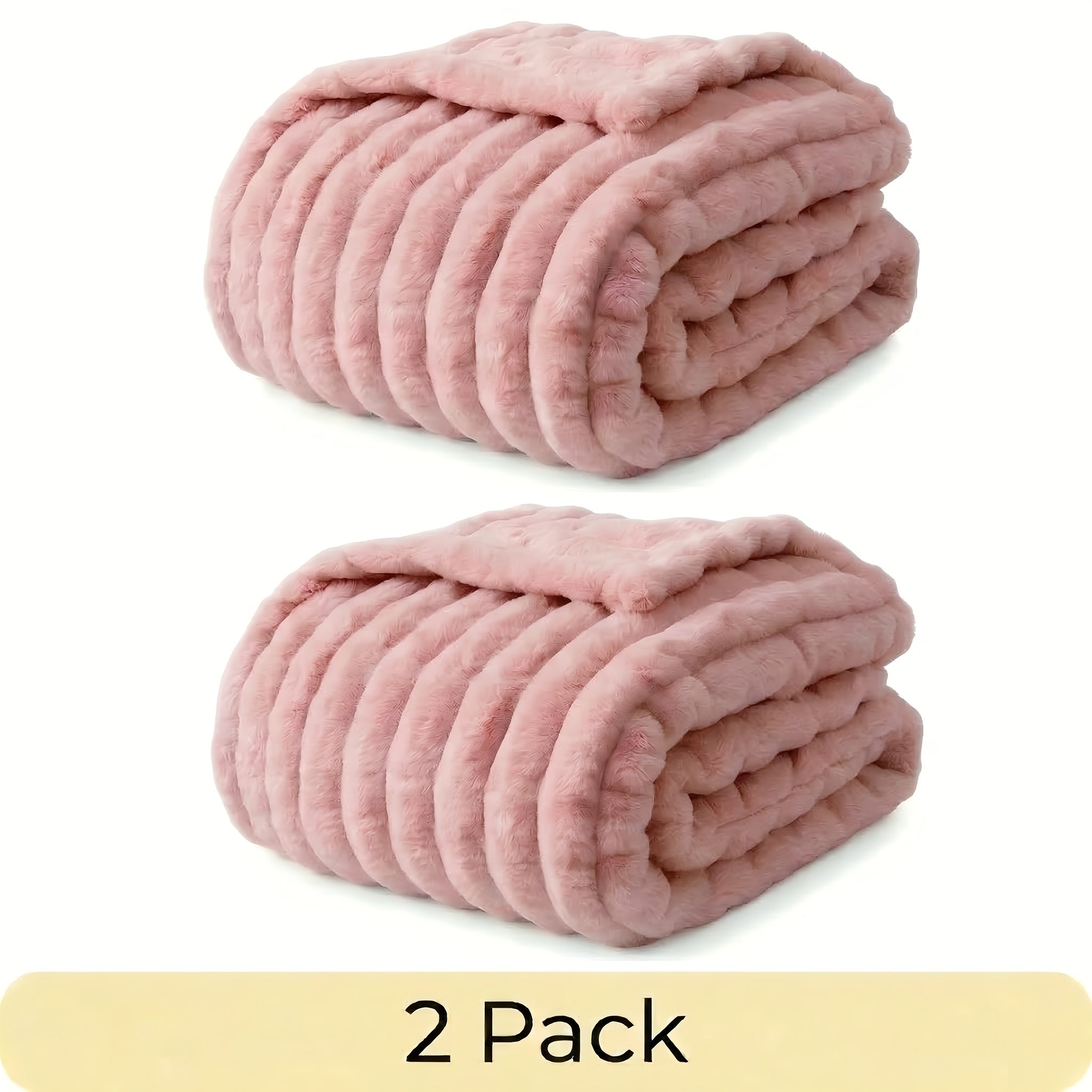 Faux Fur Rabbit Blanket Set of 2 – 260GSM Striped Luxury Plush Throw, OEKO-TEX Certified, Machine Washable, Cozy Sofa & Bed Blanket for Women & Men, Multiple Colours