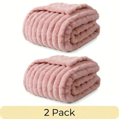 Faux Fur Rabbit Blanket Set of 2 – 260GSM Striped Luxury Plush Throw, OEKO-TEX Certified, Machine Washable, Cozy Sofa & Bed Blanket for Women & Men, Multiple Colours