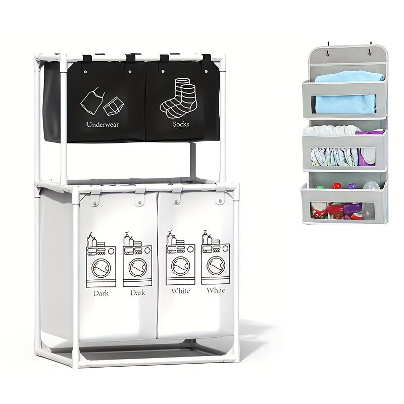 2-Tier Laundry Sorting Basket, Large Size with 4 Removable Bags, Small Size with 2 Removable Bags, for Organizing Clothes, Laundry Room, Bedroom - White, Shelves