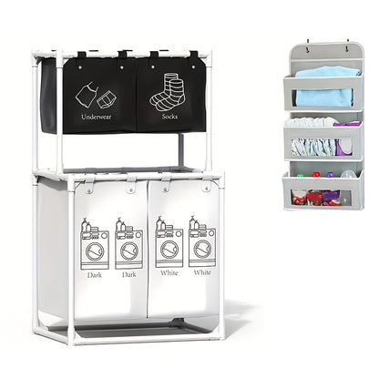 2-Tier Laundry Sorting Basket with Removable Bags – White Shelved Laundry Organizer for Clothes Sorting, Laundry Room & Bedroom, Large (4 Bags) or Small (2 Bags)