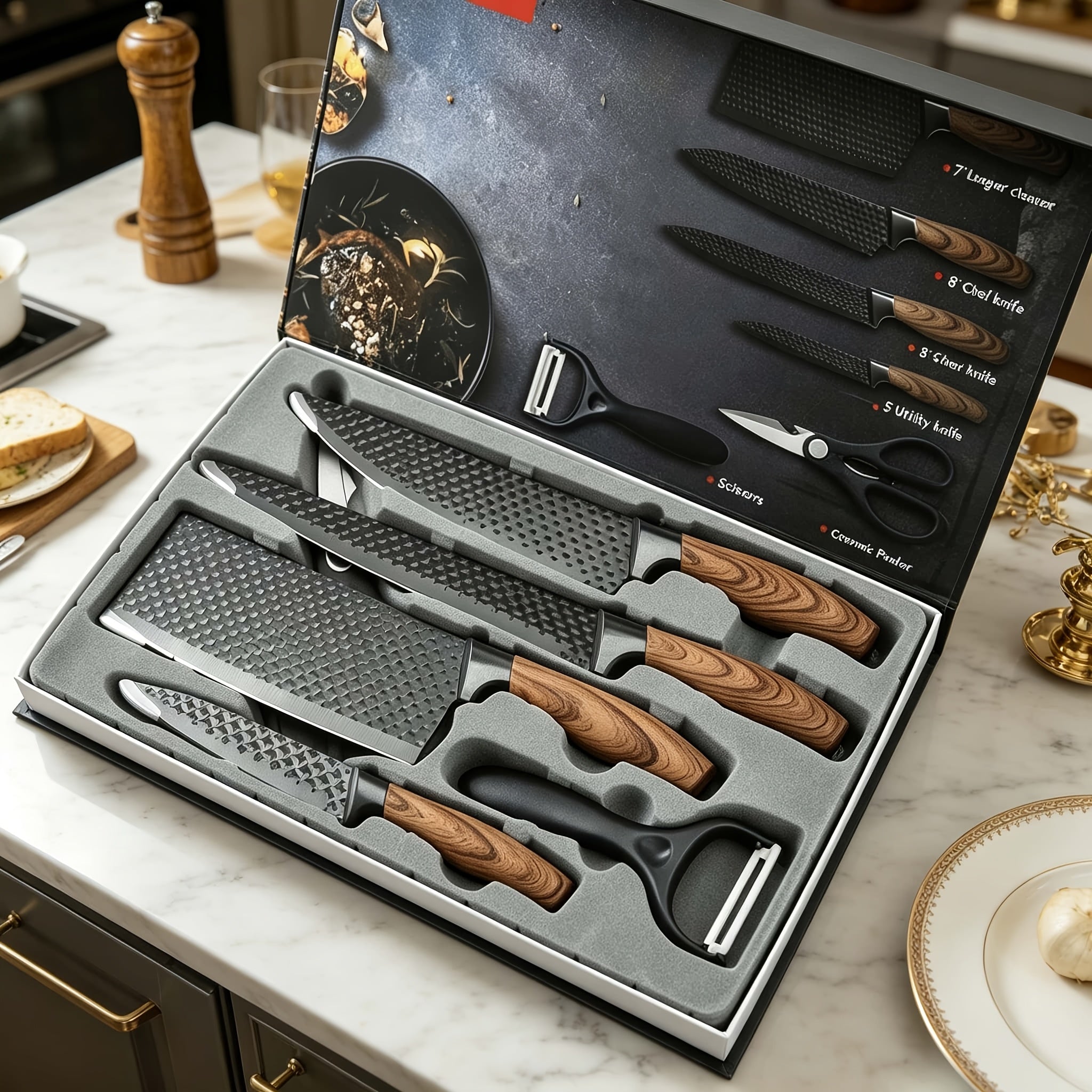 Ultra-sharp And Durable 6pcs Kitchen Knife Set, Carbon Steel Blades with Non-slip Handles, Ideal for Home Kitchen Cooking, Suitable for Outdoor Camping, Barbecues And Various Occasions, Packaged In An Elegant Gift Box.