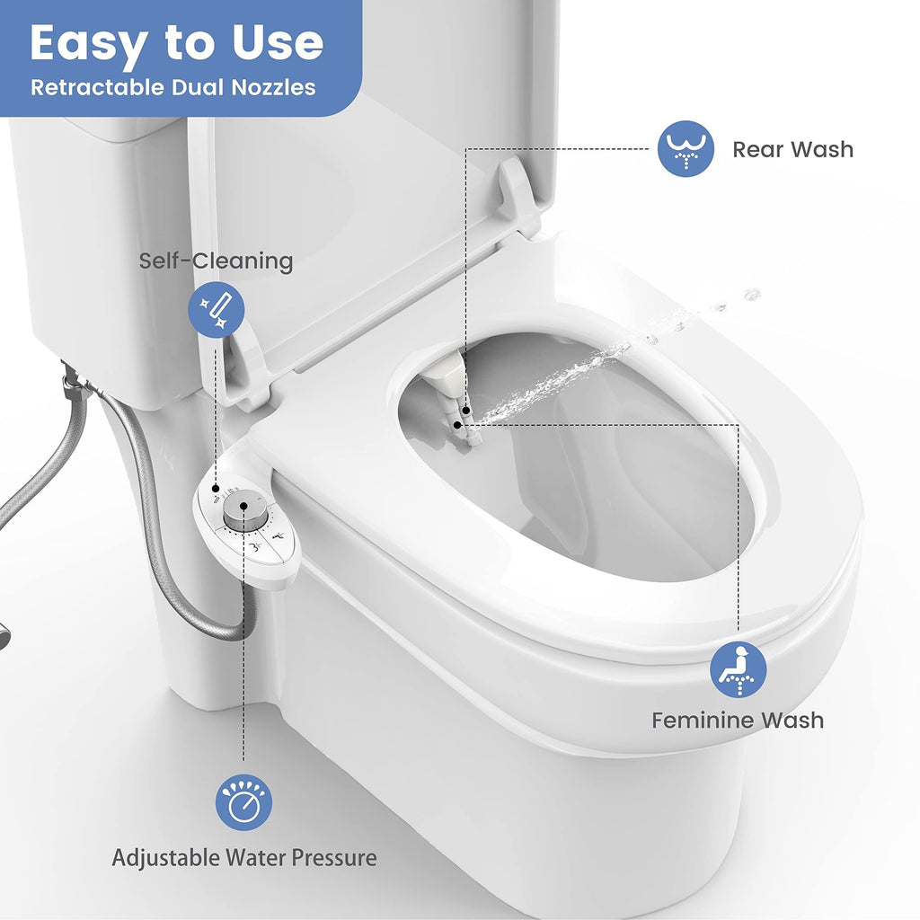 Bidet Attachment for Toilet, Cold Water Spray Non-Electric Dual Nozzle for Frontal & Rear Wash, Adjustable Water Pressure Control, Self Cleaning Water Sprayer
