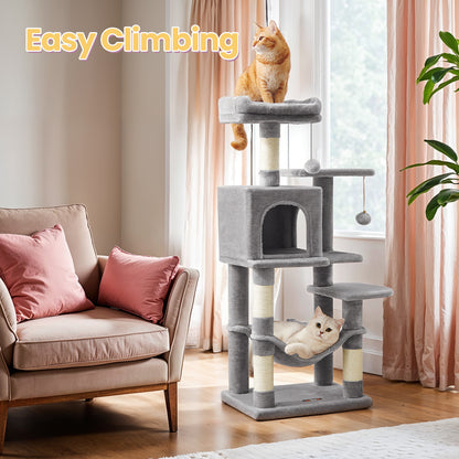 Cat Tree 44-Inch Multi-Level Cat Tower for Indoor Cats – Cat Condo with Scratching Posts, Perches, Hammock & Cave, Plush Smoky Gray, Fits Up to 4 Cats