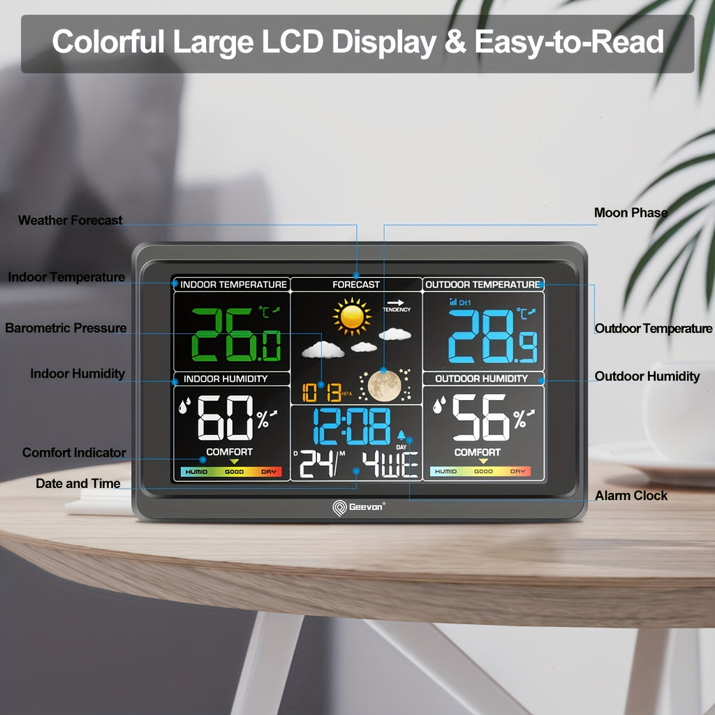 1pc Geevon Weather Station Wireless Indoor Outdoor Thermometer, Color Display Weather Thermometer, Digital Temperature Gauge with Barometer, Calendar, USB Charge And Adjustable Backlight(Without Battery)
