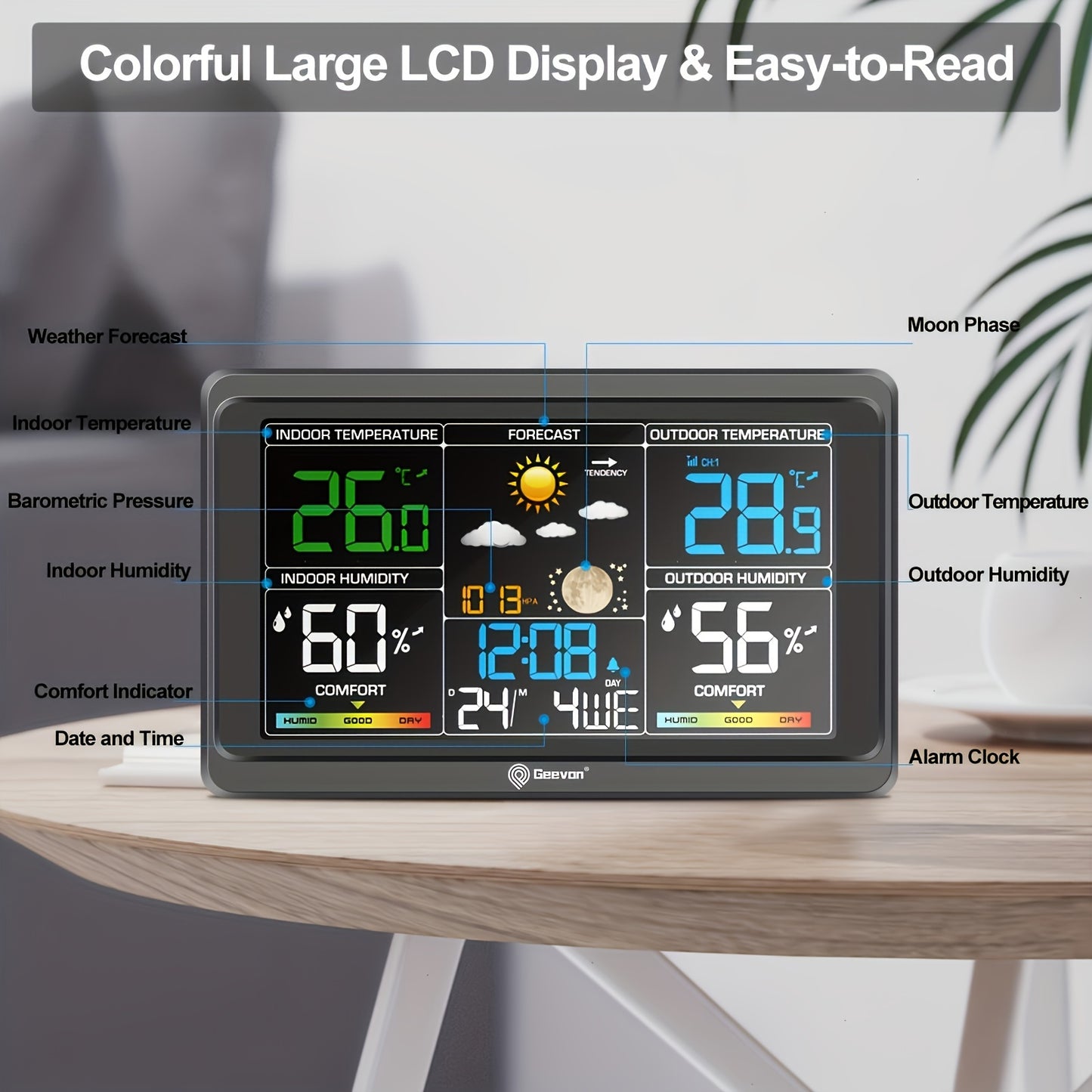 Wireless Weather Station Indoor Outdoor Thermometer with 7.6-Inch Color LCD Display, Barometer, 3-Channel Sensor, USB Charging Port, Alarm Clock & Adjustable Backlight – Digital Temperature Humidity Gauge for Home, Office & Garden