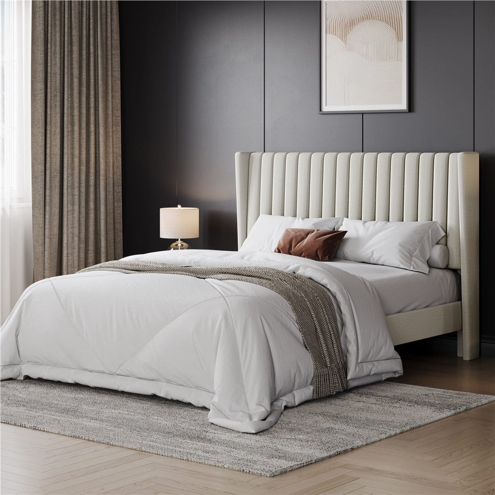 Upholstered Platform Bed Frame with Channel Tufted Headboard and Wing Side - Fabric Bed No Box Spring Needed, Wood Slat Support, 800 lb Capacity, King Queen Full, Ivory Dark Gray Black Canada