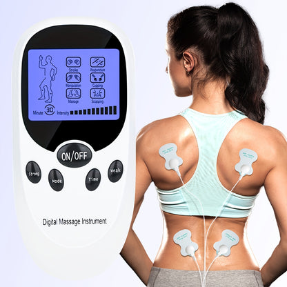 TENS + EMS Dual Channel Pulse Massager with 8 Electrodes – Portable Pain Relief Device, Therapeutic EMS Muscle Stimulator, Ergonomic Compact Design for Back Neck Shoulder