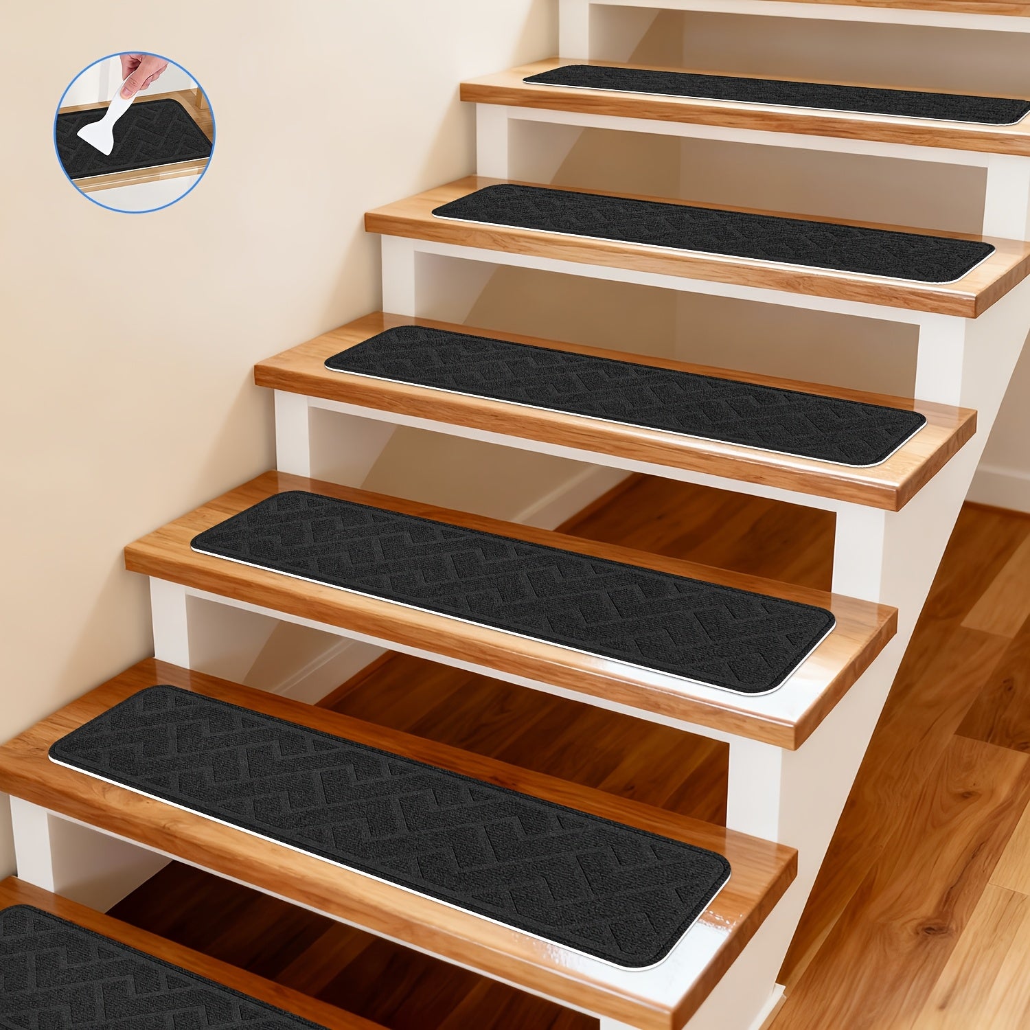 Anti-Slip Self-Adhesive Stair Treads – 3D Embossed, 30x8 Inch, 7/15-Piece Set, Indoor & Outdoor Stair Mats for Pets & Seniors, No-Tool Install, Scratch Resistant, Cut-to-Fit Design