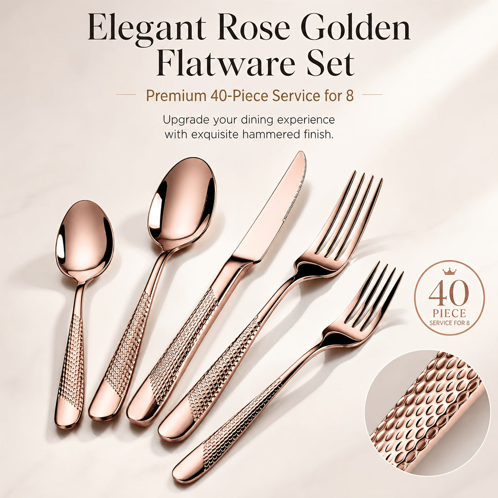 Hammered Silverware Set/40pcs Stainless Steel Flatware Set for 8/Professional Cutlery Set with Knife & Forks And Spoon/Modern Kitchen Utensils Tableware Set for Dinner/Mirror Polished/Dishwasher Safe/Local Warehouse