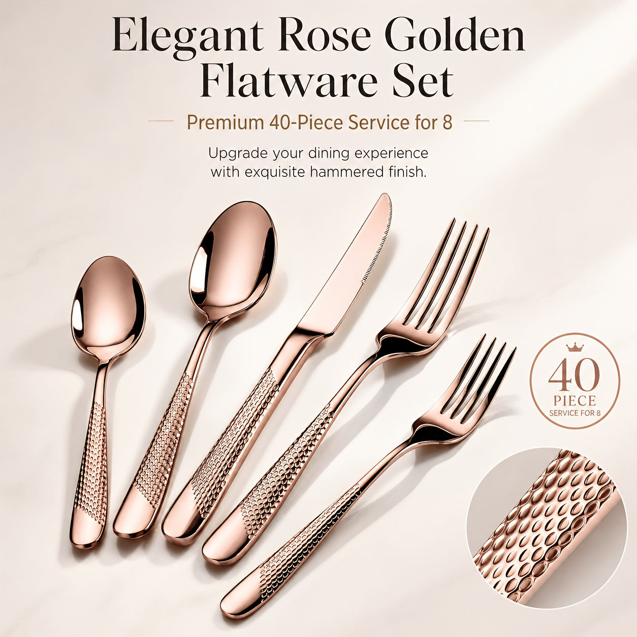Hammered Silverware Set/40pcs Stainless Steel Flatware Set for 8/Professional Cutlery Set with Knife & Forks And Spoon/Modern Kitchen Utensils Tableware Set for Dinner/Mirror Polished/Dishwasher Safe/Local Warehouse