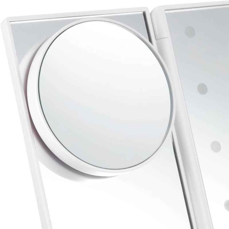 Tri-Fold LED Vanity Makeup Mirror 1x/2x/3x Magnification – 21 LED Lights, Touch Dimmer, 180° Rotation – Lighted Dressing Mirror for Women – Tabletop Makeup & Travel Mirror