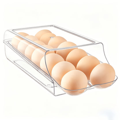 Egg Holder for Fridge Stackable 14-Count Automatic Rolling Egg Container – Plastic Refrigerator Egg Organizer with Removable Inner Tray, Fridge Storage, 1 or 2 Pack